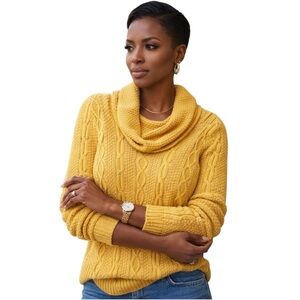 Jeanne Pierre Sweater Cable Knit Cowl Cotton Mustard Women's S Cabincore